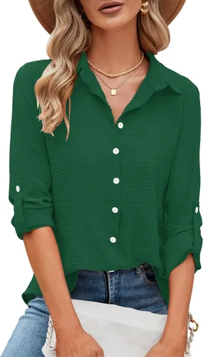 Vista 43 de Odosalii - Camisas con botones para mujer, con cuello en V, manga larga, enrolladas, blusas elegantes y formales para negocios y ocasiones casuales