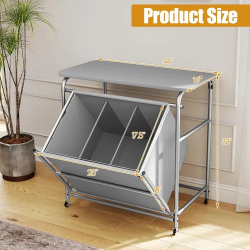 Vista 7 de COSTWAY Cesta de lavandería con tabla de planchar, carrito de lavandería con 3 secciones inclinables con 3 bolsas extraíbles separadas, ruedas