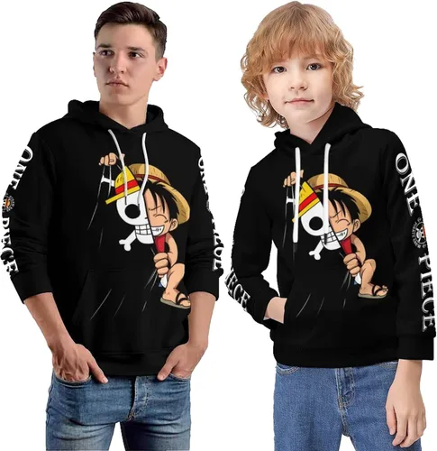 Vista 2 de Oiwizxi Sudadera con capucha de anime para niño, adolescente, hip hop, con bolsillos, sombrero de paja, pirata para niños y hombres