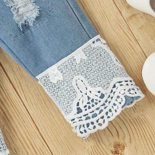 Vista 6 de Conjunto de ropa de bebé niña para bebé, mameluco de encaje blanco de manga larga + pantalones de mezclilla