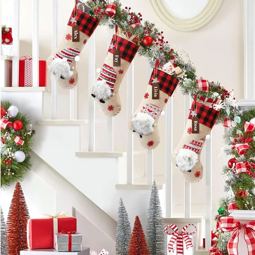 Vista 5 de Cysincos Calcetines de Navidad personalizados, paquete de 4 bolsas grandes para niños, calcetines colgantes para decoración de Navidad