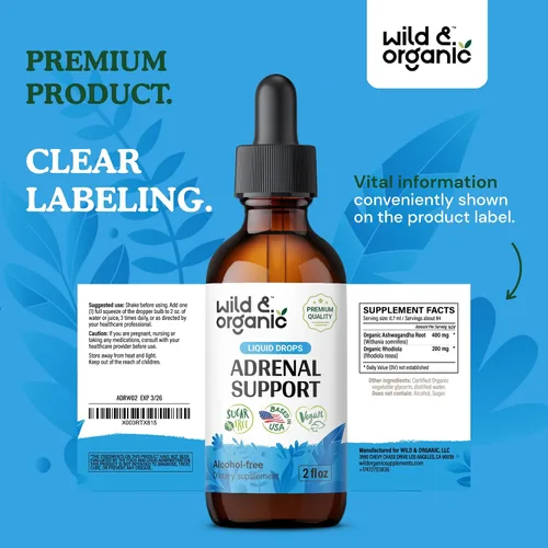 Vista 9 de Wild & Organic Suplementos de apoyo suprarrenal para mujeres y hombres – Apoyo al estado de ánimo y energía – Gotas de complejo suprarrenal