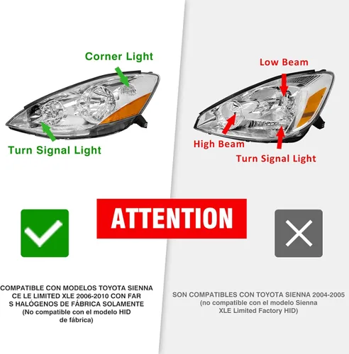 Vista 2 de Conjunto de faros para 2006 2007 2008 2009 2010 Toyota Sienna, carcasa cromada con reflector ámbar izquierdo y derecho