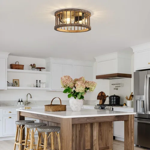 Vista 6 de Lámpara de techo de montaje empotrado estilo granja, 3 luces de metal y madera de 12.6 pulgadas, lámpara de techo para cocina, pasillo, comedor