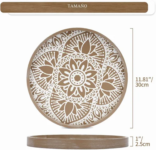Vista 4 de Hanobe Bandeja decorativa redonda bohemia para mesa de café, patrón de Marrón loto