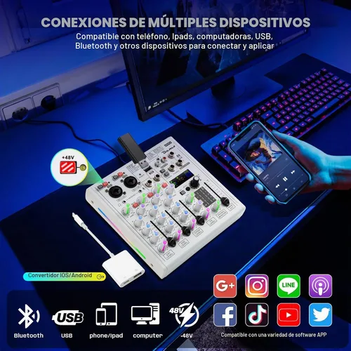 Vista 3 de Bolanle Mezclador de audio profesional de 4 canales con tarjeta de sonido integrada y función de grabación, interfaz de audio USB/Bluetooth