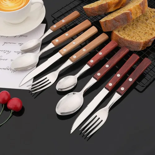 Vista 3 de JASHII Juego de cubiertos de mango de madera, servicio para 6 personas, juego de cubiertos de acero inoxidable SUS304 de 24 piezas con mango
