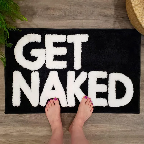 Vista 2 de New Mungo Alfombra de baño con texto en inglés «Get Naked», color negro, con letras blancas para decoración de apartamentos, divertida alfombra