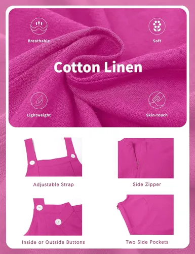 Vista 3 de SeekMe Overol de algodón y lino para mujer, sin mangas, tirantes ajustables, holgado, pierna ancha