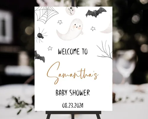 Vista 18 de Personalized Halloween Baby Shower Welcome Sign, A Little Boo Baby Shower Welcome Sign, Pumpkin Decorations,girl, Halloween Decor 12" X 18" (Small)