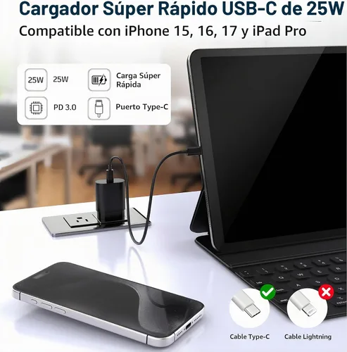 Vista 6 de Galaxy S25 S24 - Bloque de carga USB C de 25 W PD cargador súper rápido con cable tipo C, adaptador de enchufe de pared de 6 pies, carga rápida