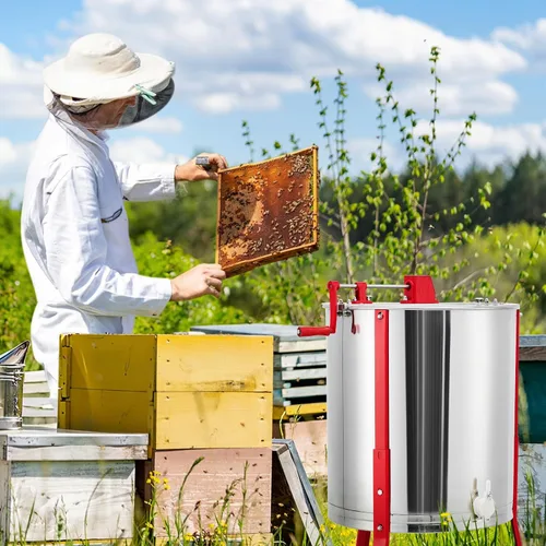 Vista 2 de Large 4 Frame Manual Honey Extractor, Stainless Steel Beekeeping Equipment with Adjustable Legs & Clear View Lid, Food Grade Honey Spinner for