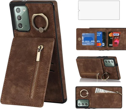 Vista 9 de Asuwish Funda de teléfono para Samsung Galaxy Note 20 5G con protector de pantalla de vidrio templado y cremallera RFID tarjetero soporte de anillo