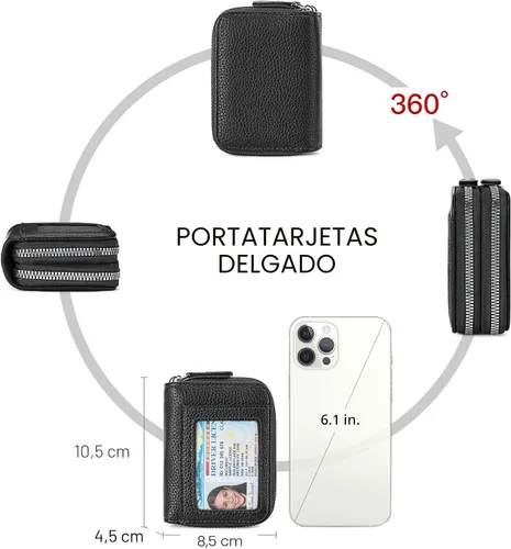 Vista 5 de RNIEGA Cartera pequeña de piel con bloqueo RFID para tarjetas de crédito, cartera pequeña para mujer, doble cremallera con ventana de identificación