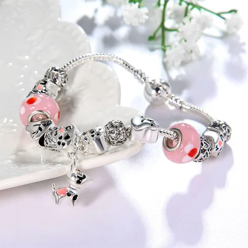 Vista 3 de Muerdou - Pulsera con dijes de mariposa y flor y cuentas de cristal de Murano para niñas y mujeres