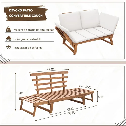 Vista 2 de Devoko Outdoor Couch Acacia Wood Outdoor Sofa Balcony Furniture (White)