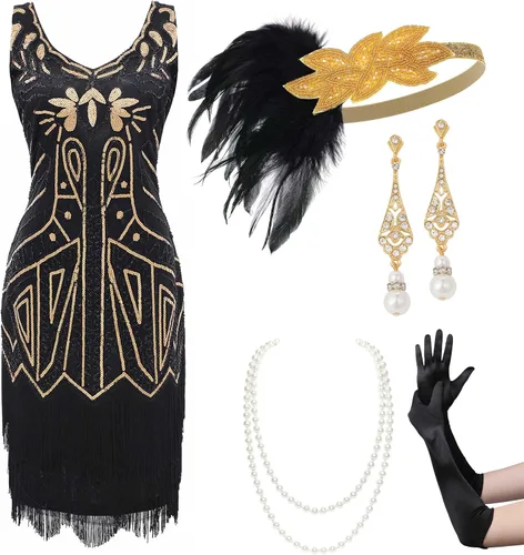 Vista 11 de BABEYOND Conjunto de vestidos flapper para mujer, con cuello en V de los años 20, con flecos y flecos, con accesorios Set - Champagne Gold