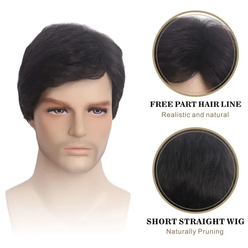Vista 3 de H&B - Pelucas cortas negras para hombre, pelucas onduladas para hombres, peluca de cabello sintético natural para hombres, hombres, cosplay, fiesta