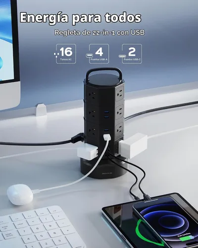 Vista 2 de Regleta de alimentación con protector de sobretensión de torre, JACKYLED 16 tomas 6 USB (2 USB C) estación de carga, cable de extensión con Negro