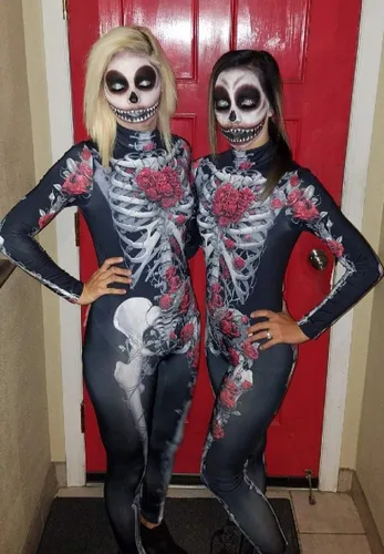 Vista 5 de Fixmatti Disfraz de Fiesta de Halloween para Mujer Mono de Manga Larga con Estampado de Calavera