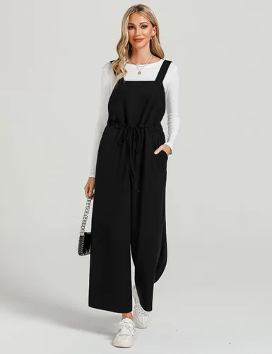 Vista 7 de luvamia Overol para mujer, ajuste holgado, de punto gofre, holgado, de pierna ancha, overol cómodo, informal, pantalón largo