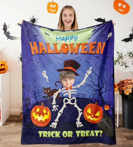Vista 13 de Manta de Halloween personalizada con nombre, mantas de Halloween personalizadas para niños, Halloween personalizada para niños y niñas, bonita manta