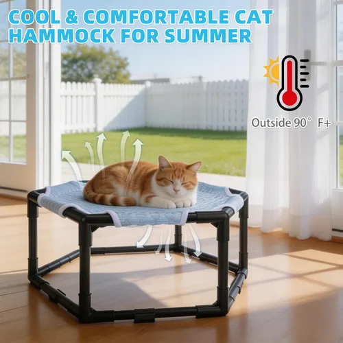 Vista 2 de Cama hamaca elevada para gatos, cuna hexagonal elevada para gatos con tela transpirable de gorro de hielo y bloque antideslizante, alfombrilla