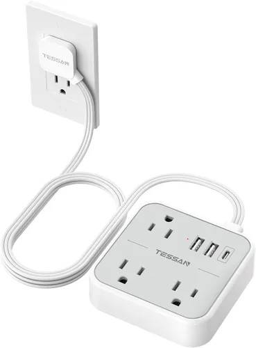 Vista 10 de TESSAN - Cable de extensión plano ultradelgado de 5 pies, color negro Slim Power Strip with USB Ports (1 USB C), Surge Protector, Flat Plug Wall