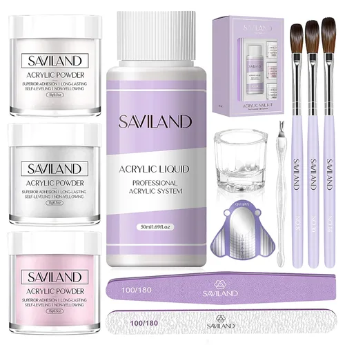 Vista 33 de Saviland Kit de iniciación de uñas acrílicas: polvo y líquido acrílico rosa claro nude, cepillo, limas, formularios, uñas a presión, juego