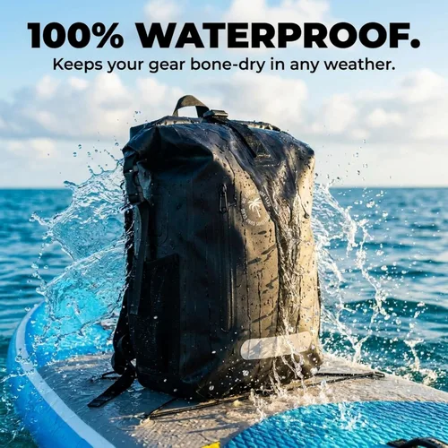 Vista 4 de Ho Stevie! Mochila de surf impermeable de 25 litros, diseñada para la aventura, cierre superior enrollable que mantiene tu equipo seco en la bolsa
