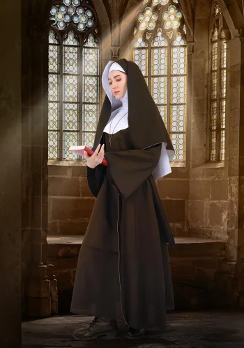 Vista 6 de DAZCOS Disfraz de cosplay de monja, bata medieval decente con pañuelo y cinturón para Halloween