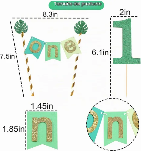 Vista 4 de Wild One Jungle Safari - Decoración para pastel de primer cumpleaños, purpurina dorada y verde, accesorios para tartas
