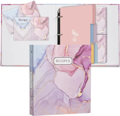 Vista 10 de Carpeta de recetas de 3 anillos de 8.5 x 9.5 pulgadas, juego organizador de recetas de página completa con 3 anillos con 25 páginas de ranura y 50