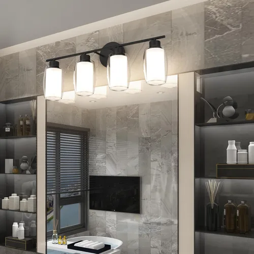Vista 12 de Aipsun Lámpara de baño con 4 luces, luces cromadas arriba y abajo, modernas luces de bahthroom con vidrio transparente y vidrio esmerilado, luces