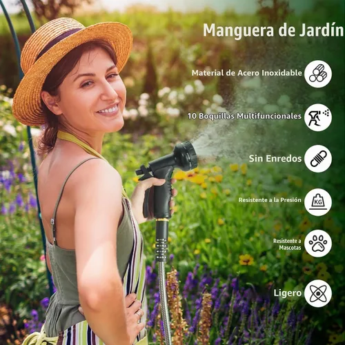 Vista 2 de Manguera de jardín de 50 pies, manguera de agua resistente de acero inoxidable con boquillas de 10 funciones, flexible sin torceduras, a prueba