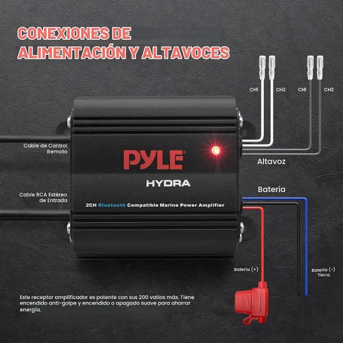 Vista 4 de Pyle Amplificador marino automático de 2 canales, 200 vatios RMS 4 OHM estéreo de rango completo con Bluetooth inalámbrico y potente altavoz Prime