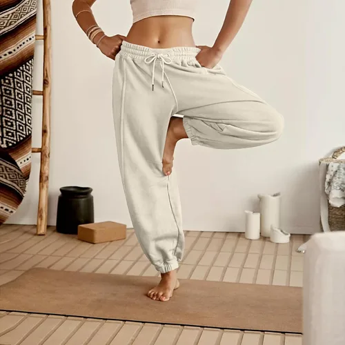Vista 5 de Pantalones deportivos de forro polar de cintura alta para mujer, holgados, cómodos, elásticos, pantalones deportivos de entrenamiento casuales