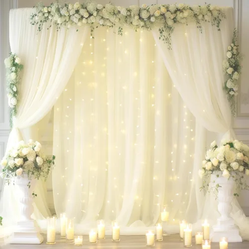 Vista 11 de Cortina de telón de fondo de tul azul bebé de 10 x 8 pies con cadena de luces para fiestas, cortinas de fondo transparentes para bodas, baby shower