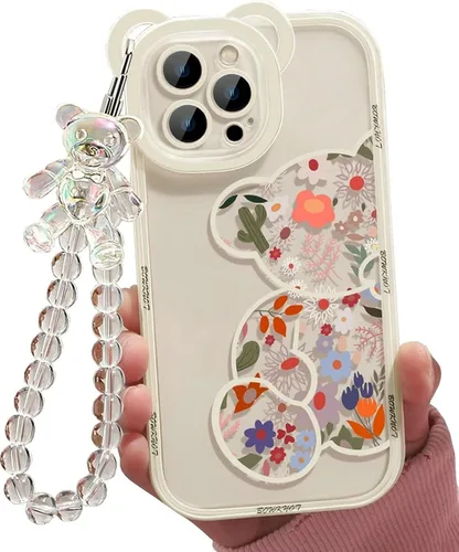 Vista 12 de Funda compatible con iPhone 8 Plus, bonito protector de cámara con diseño de oso de flores transparentes con bonita correa y cadena para niñas