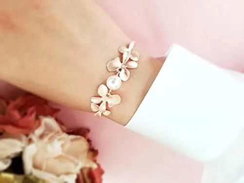 Vista 2 de Rose Gold bracelet, Pearl Bracelet, Orchid bracelet, Flower bracelet, Wedding Bracelet, Gift for her, Bridesmaid gifts