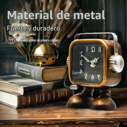Vista 6 de YOUKI Reloj de mesa estilo steampunk retro en forma de robot, relojes de escritorio y estante de estilo industrial, relojes decorativos que