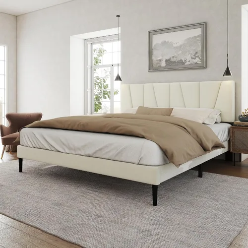Vista 10 de HAOARA Marco de cama tamaño completo con cabecera tapizada en tela, cama plataforma con soporte de listones de madera, base de colchón completa