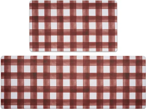 Vista 12 de FRESHMINT Juego de 2 piezas de alfombrillas de cocina estilo granja moderna con cuadros antifatiga para piso, impermeables y antideslizantes Beige