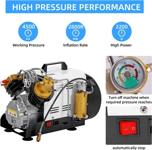 Vista 2 de Compresor de aire PCP, 4500 PSI/30 MPa, apagado automático, 110 V AC/220 V CA, compresor de doble cilindro PCP, adecuado para rifles de aire PCP