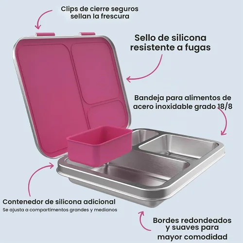Vista 5 de Bentgo Kids - Lonchera de acero inoxidable resistente a fugas, 3 compartimentos Recipiente de silicona adicional, sin PFAS y BPA, resistente al