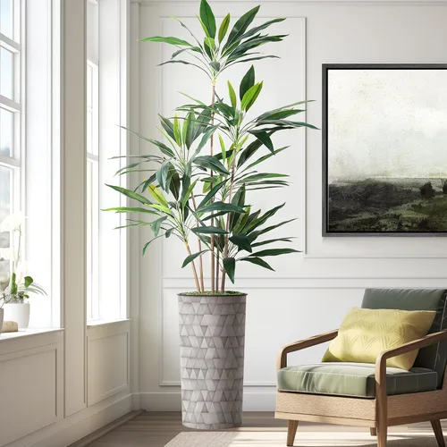 Vista 9 de Árbol artificial en maceta moderna con patrón triangular, palmera tropical areca artificial de seda para decoración del hogar en interiores