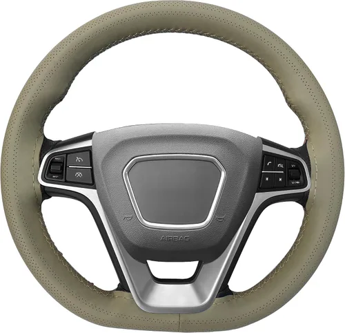 Vista 2 de Carodi Funda de volante de piel, diseño transpirable y antideslizante, sensación suave y cómoda, universal, 15 pulgadas, para auto, con costura Beige