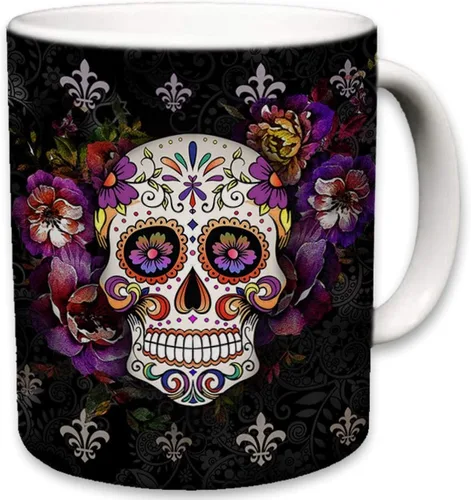 Vista 4 de Sweet Gisele Taza de cerámica de calavera de azúcar, taza de café con estampado floral, diseño del Día de los Muertos, hermosos colores vivos, gran