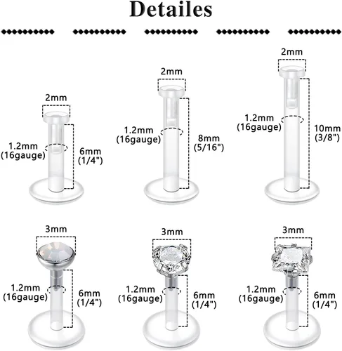 Vista 2 de QWALIT - Aretes de 16 g de labio transparentes con púas de plástico, joyería de piercing Medusa Labret, insertar en cartílago, pendientes de tragus