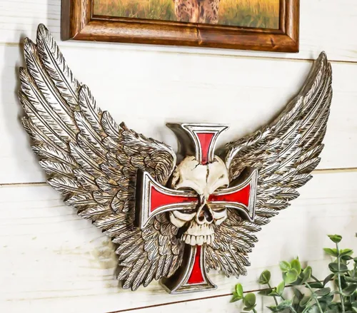 Vista 8 de Ebros Gift Ángel gótico cráneo alado con cruz de crucifijo rojo decoración de pared placa tiempo espera a nadie hombre guardián ángel calavera